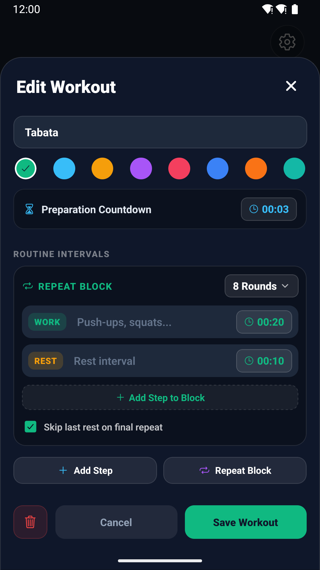 Edit Workout screen showing Repeat Block with 8 Rounds, Work and Rest steps, and Skip last rest checkbox