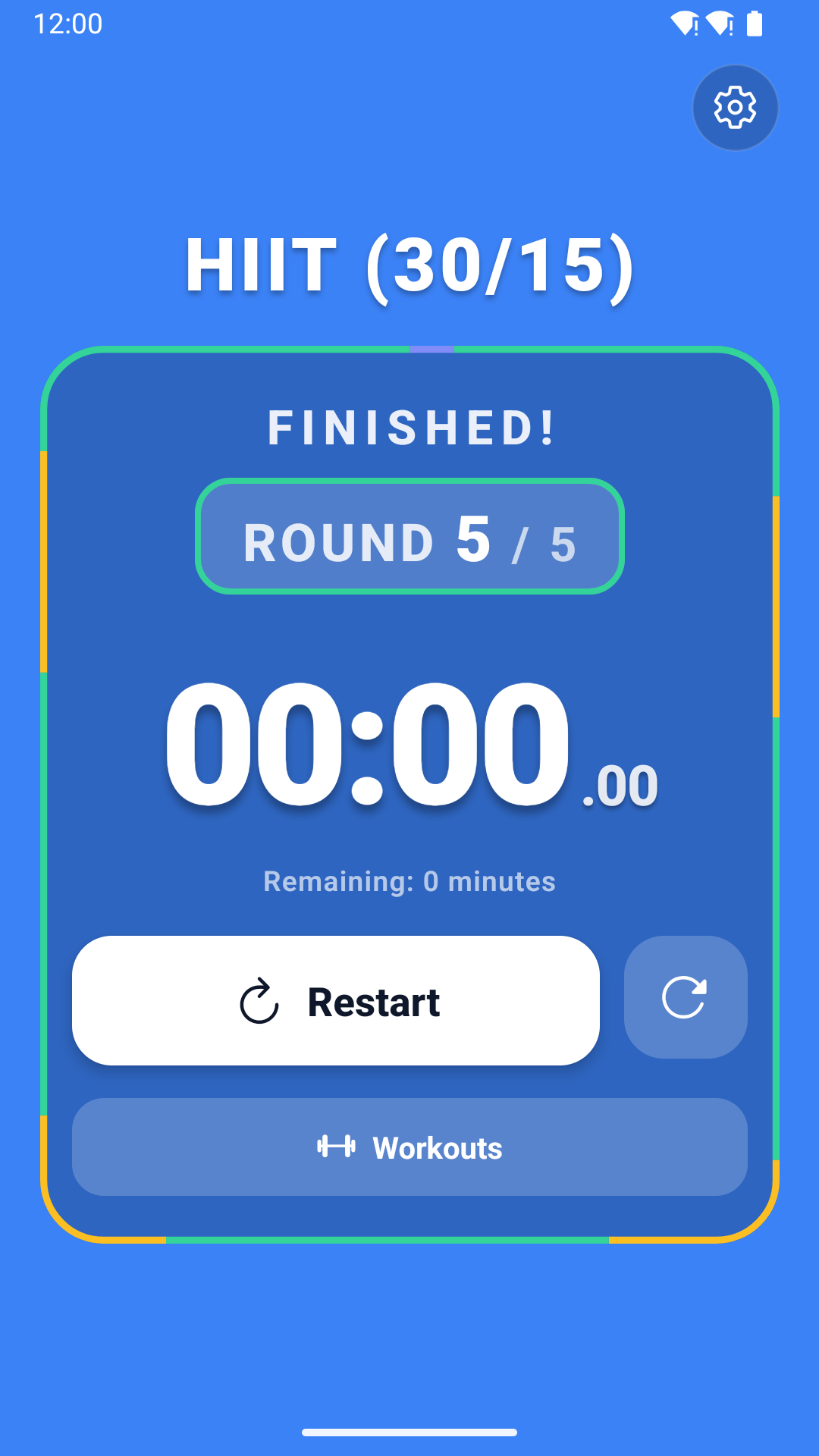 Finished Phase screen in electric blue showing Round 5 of 5 completed with Restart button