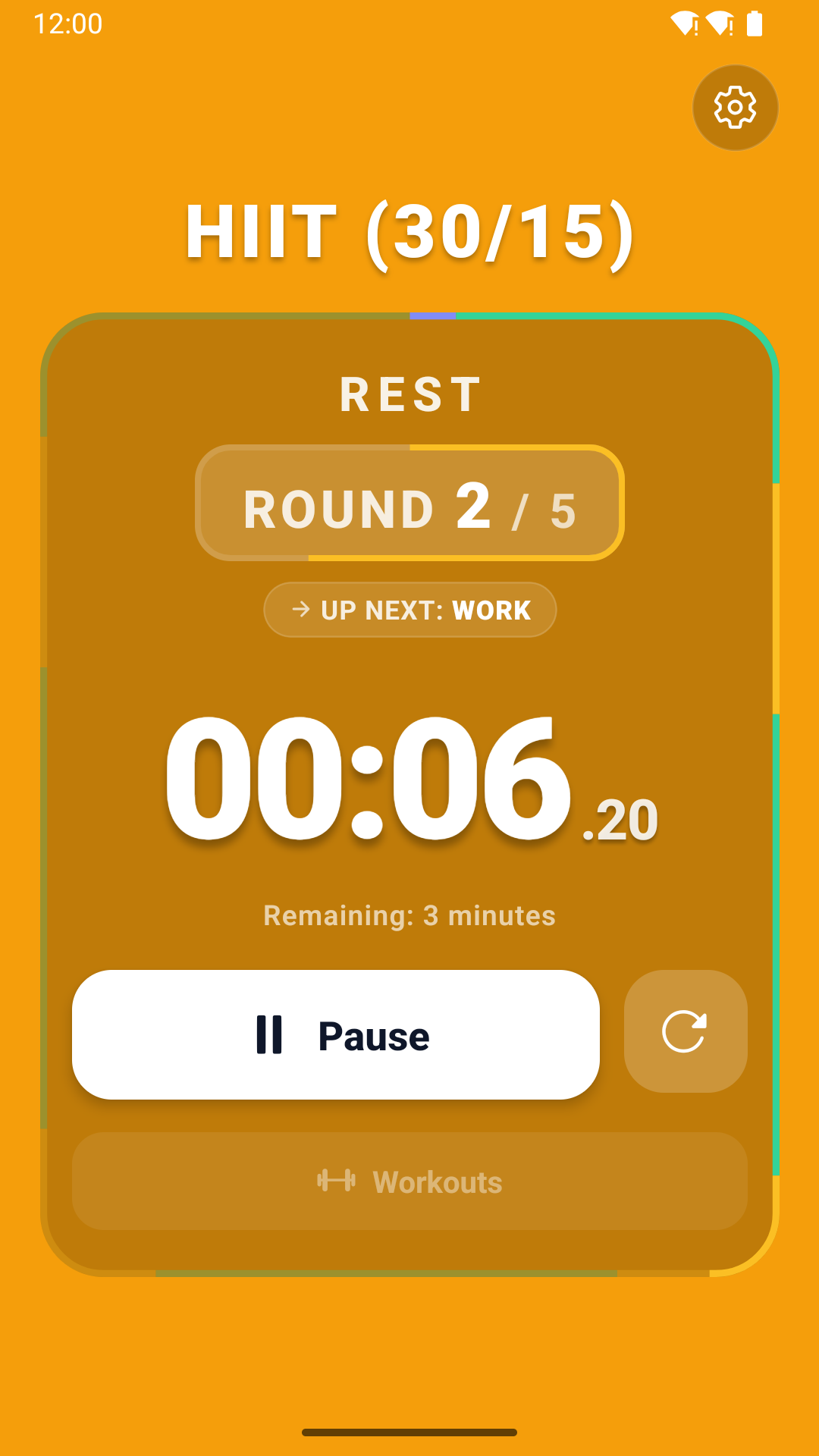Rest Phase screen in warm amber gold showing Round 2 of 5 and Up Next Work pill