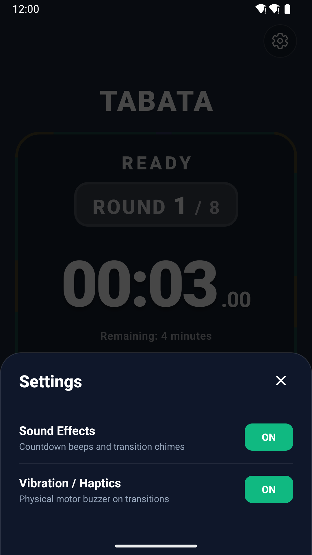 Settings drawer showing independent toggles for Sound Effects and Vibration Haptics