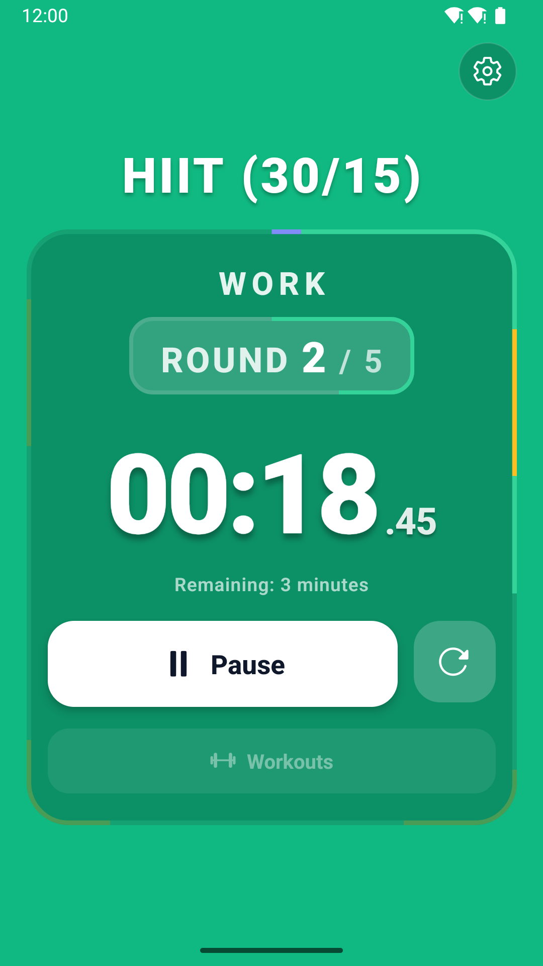 Work Phase screen in vibrant emerald green showing HIIT 30/15 Round 2 of 5 at 00:18.45