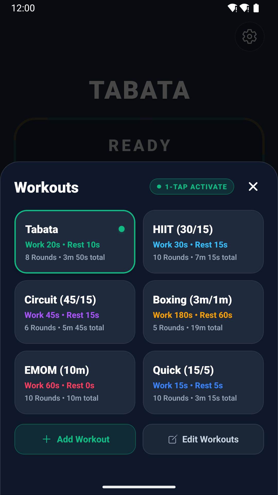 Workouts Grid showing Tabata, HIIT 30/15, Circuit 45/15, Boxing 3m/1m, EMOM 10m, and Quick 15/5 presets